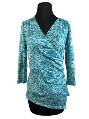 Nomadic Traders Womens Floral Print Wrap Top Teal Small Stretchy 3/4 Sleeve Good